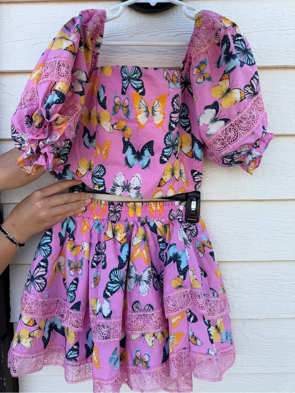 Buddy Love Pink Butterfly Lace-Trim Puff-Sleeve 2 piece set